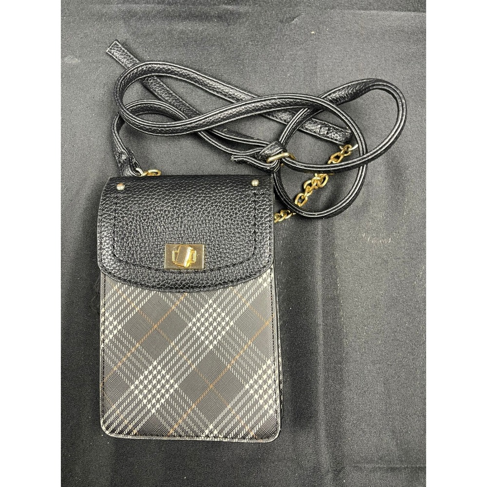 Cato Black Plaid Crossbody‎ Phone Bag Gold Chain Strap Turn Lock Small Purse